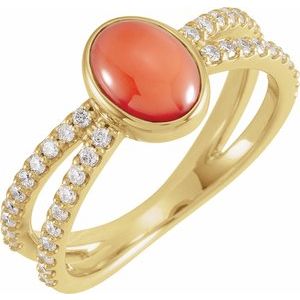14K Yellow Gold Natural Pink Coral & 3/8 CTW Natural Diamond Ring