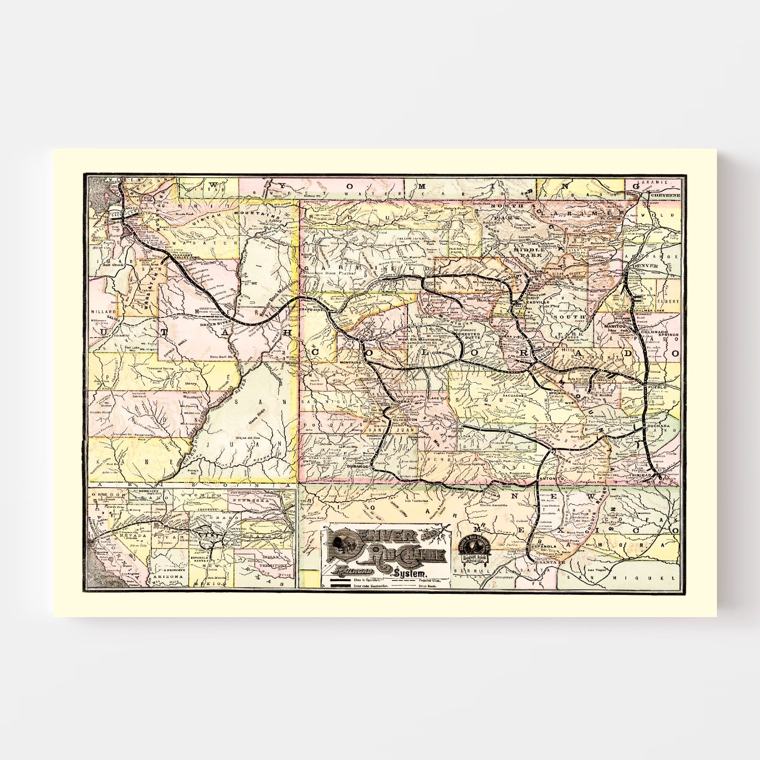 Vintage Map of Denver & Rio Grande Railroad System 1883
