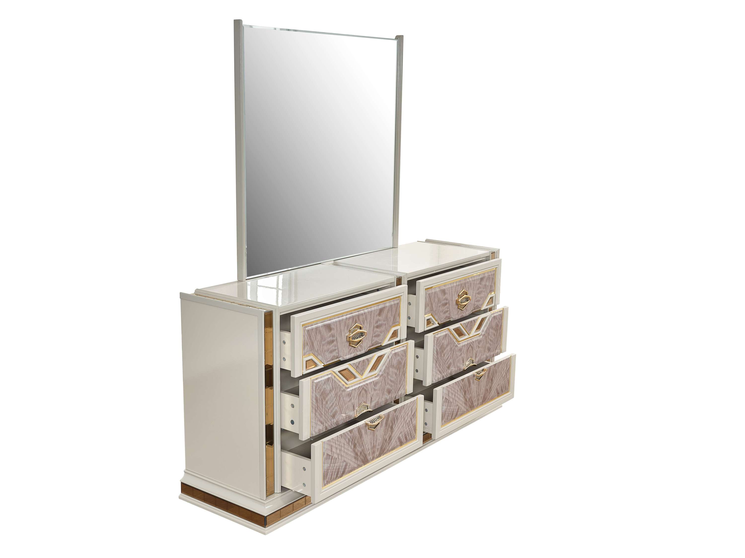 Omari Modern Style 4 Pc King Upholstered Bedroom Set Made with Wood and Gold Accents in Beige (CA Inventory)
