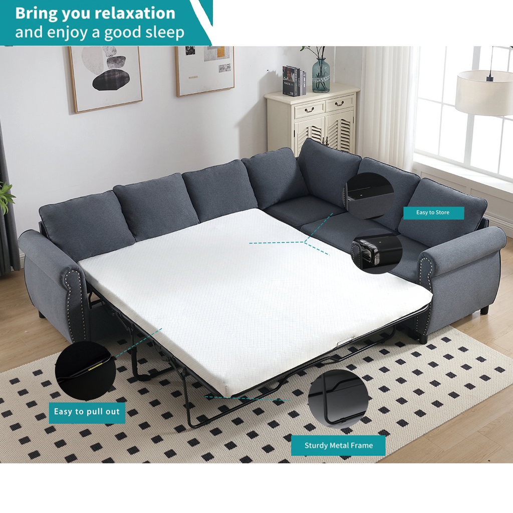 [NEW ARRIVED] [VIDEO PROVIDED] Sleeper Sofa, 2 in 1 Pull Out Couch Bed,6 seater sofa bed, L Shaped Sleeper Sectional Sofa Couch,Riveted sofa,104'' Large combined sofa Bed in living room, GRAY