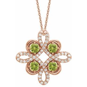 14K Rose Gold Natural Peridot & 1/6 CTW Natural Diamond Clover 18" Necklace