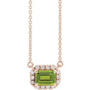 14K Rose Gold 7x5 mm Natural Peridot & 1/5 CTW Natural Diamond Halo-Style 16" Necklace