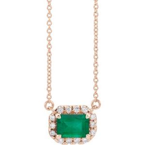 14K Rose Gold 7x5 mm Lab-Grown Emerald & 1/5 CTW Natural Diamond Halo-Style 16" Necklace