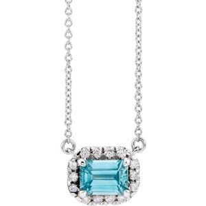 Sterling Silver 6x4 mm Natural Blue Zircon & 1/5 CTW Natural Diamond Halo-Style 18" Necklace
