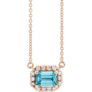 14K Rose Gold 5x3 mm Natural Blue Zircon & 1/8 CTW Natural Diamond Halo-Style 16" Necklace