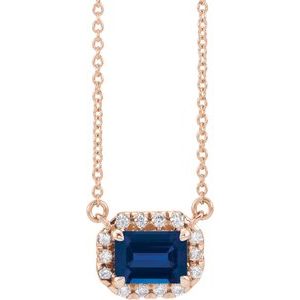 14K Rose Gold 5x3 mm Lab-Grown Blue Sapphire & 1/8 CTW Natural Diamond Halo-Style 18" Necklace