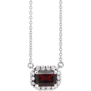 Sterling Silver 5x3 mm Natural Mozambique Garnet & 1/8 CTW Natural Diamond Halo-Style 18" Necklace