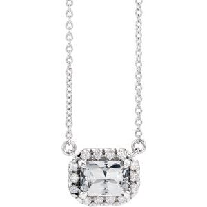 Platinum 6x4 mm Natural White Sapphire & 1/5 CTW Natural Diamond Halo-Style 18" Necklace