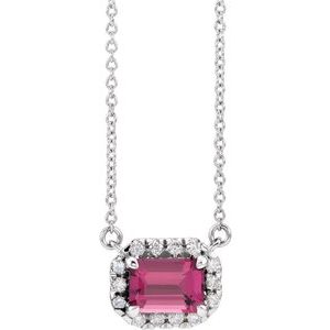14K White Gold 6x4 mm Natural Pink Tourmaline & 1/5 CTW Natural Diamond Halo-Style 16" Necklace