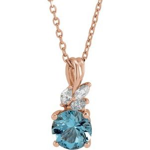 14K Rose Gold Natural Aquamarine & 1/10 CTW Natural Diamond 16-18" Necklace