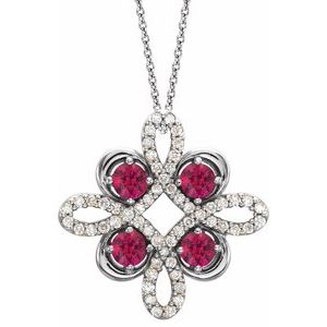 14K White Gold Natural Pink Tourmaline & 1/8 CTW Natural Diamond Clover 18" Necklace