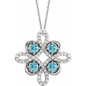 14K White Gold Natural Blue Zircon & 1/8 CTW Natural Diamond Clover 18" Necklace
