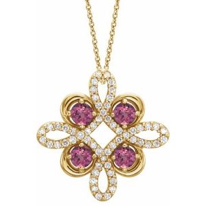 14K Yellow Gold Natural Pink Tourmaline & 1/8 CTW Natural Diamond Clover 18" Necklace