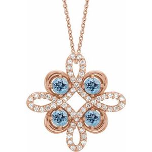 14K Rose Gold Natural Aquamarine & 1/6 CTW Natural Diamond Clover 18" Necklace