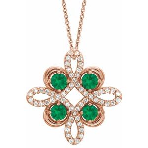 14K Rose Gold Natural Emerald & 1/6 CTW Natural Diamond Clover 18" Necklace