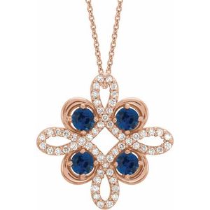 14K Rose Gold Natural Blue Sapphire & 1/6 CTW Natural Diamond Clover 18" Necklace