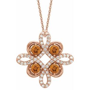 14K Rose Gold Natural Citrine & 1/8 CTW Natural Diamond Clover 18" Necklace