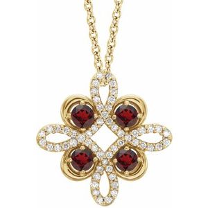 14K Yellow Gold Natural Mozambique Garnet & 1/6 CTW Natural Diamond Clover 18" Necklace
