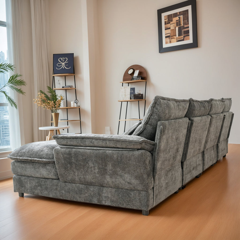 110' Modular Sectional Sofa Cloud Couch with Double Chaise Lounge , U Shaped Chenille Upholstered Leisure Sofa&Couches with Memory Foam and Waist Pillows for Living Room Office,Grey.