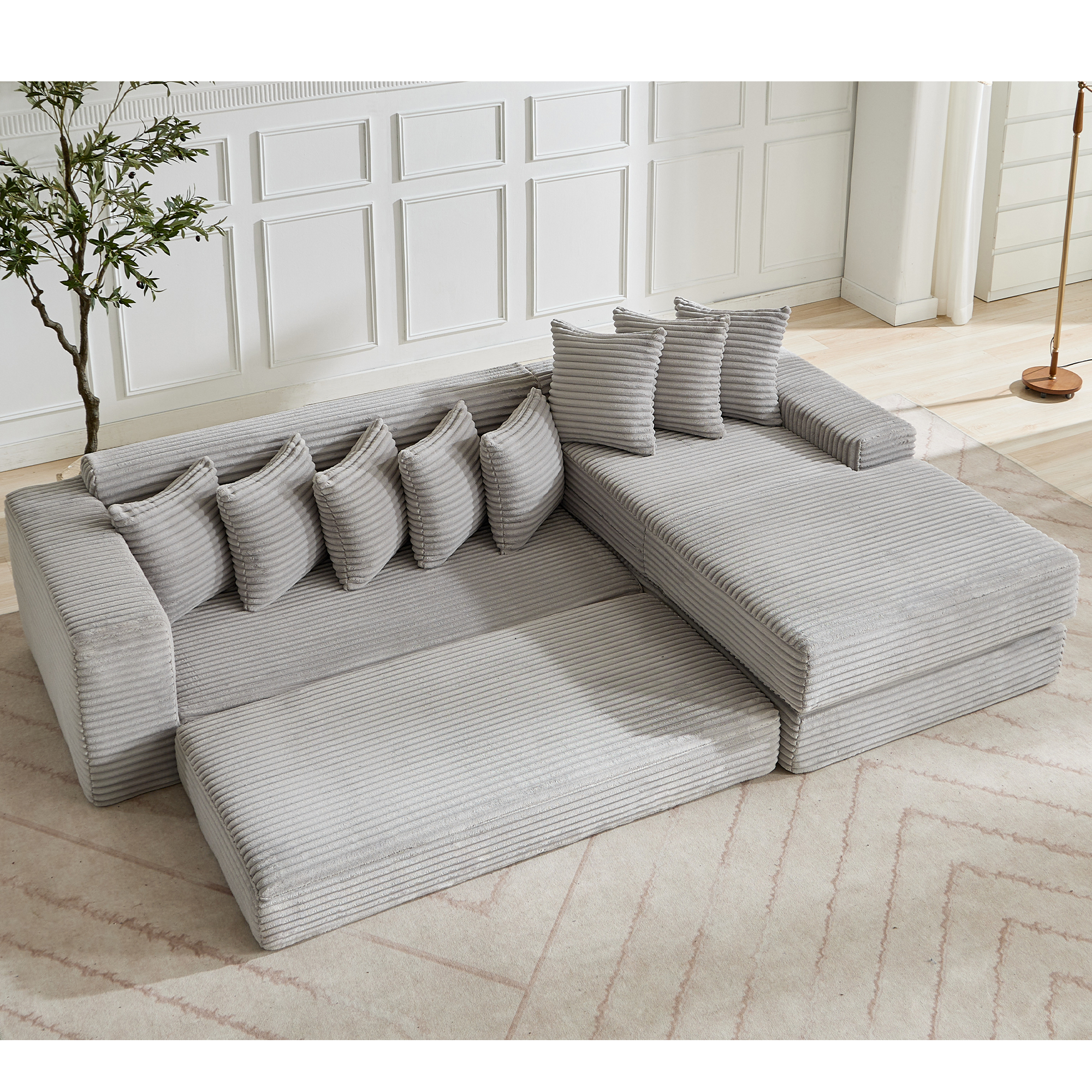 [NEW ARRIVED] [VIDEO PROVIDED] Oversize Cloud Couch, L-Shape Sofa, Convertible Floor Sleeper Sofa Bed, No Assembly ,Eight pillows,3-in-1,Magazine bag,(Right Facing Sofa),3 Seat,Corduroy,Light Gray