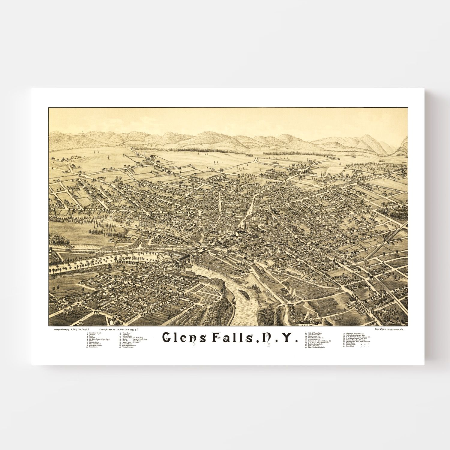 Vintage Map of Glens Falls, New York 1884