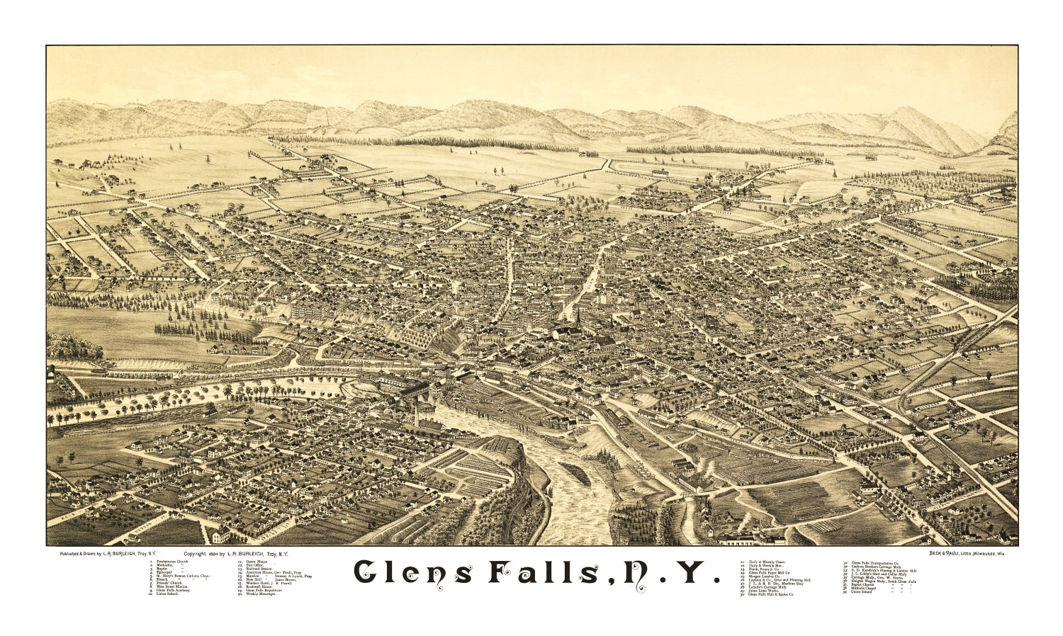 Vintage Map of Glens Falls, New York 1884