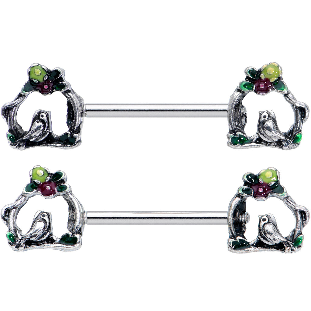 14G 9/16 Purple Yellow Flower Swing Bird Barbell Nipple Ring Set
