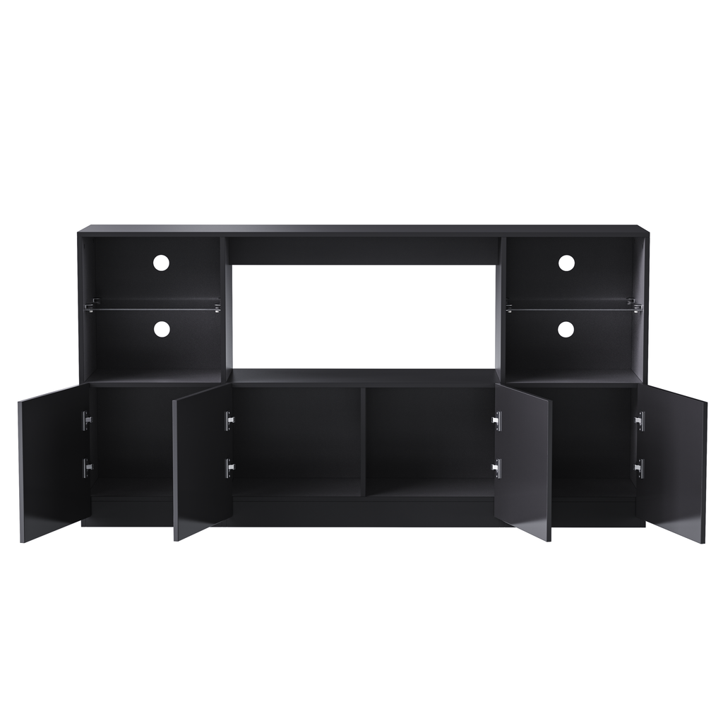 ON-TREND High Gloss TV Stand with LED Lights, Modern Sideboard with Large Storage Cabinet, Media Console with Tempered Glass Shelves for TVs up to 75', Living Room, Black, 67'Wx13.7'D