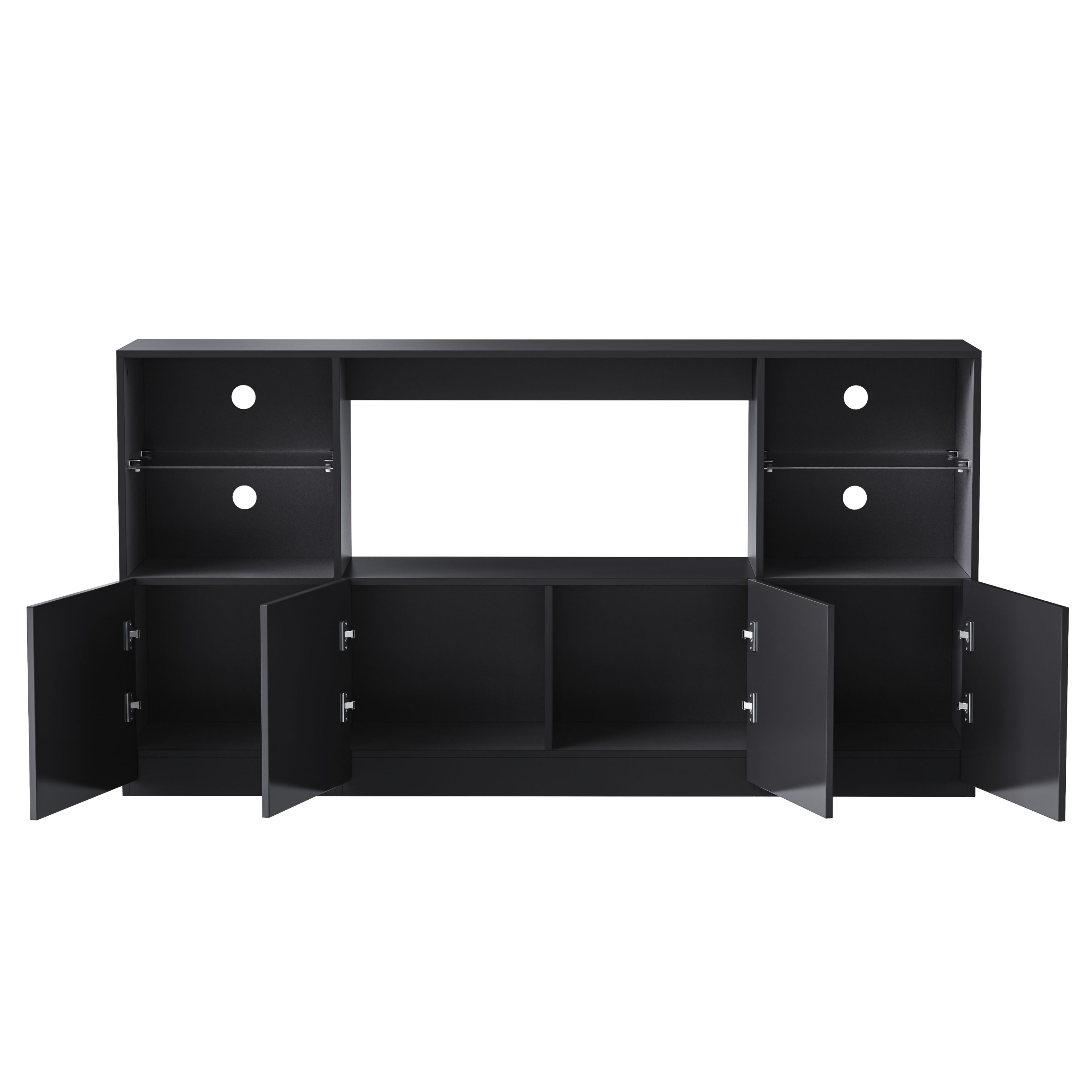 ON-TREND High Gloss TV Stand with LED Lights, Modern Sideboard with Large Storage Cabinet, Media Console with Tempered Glass Shelves for TVs up to 75', Living Room, Black, 67'Wx13.7'D