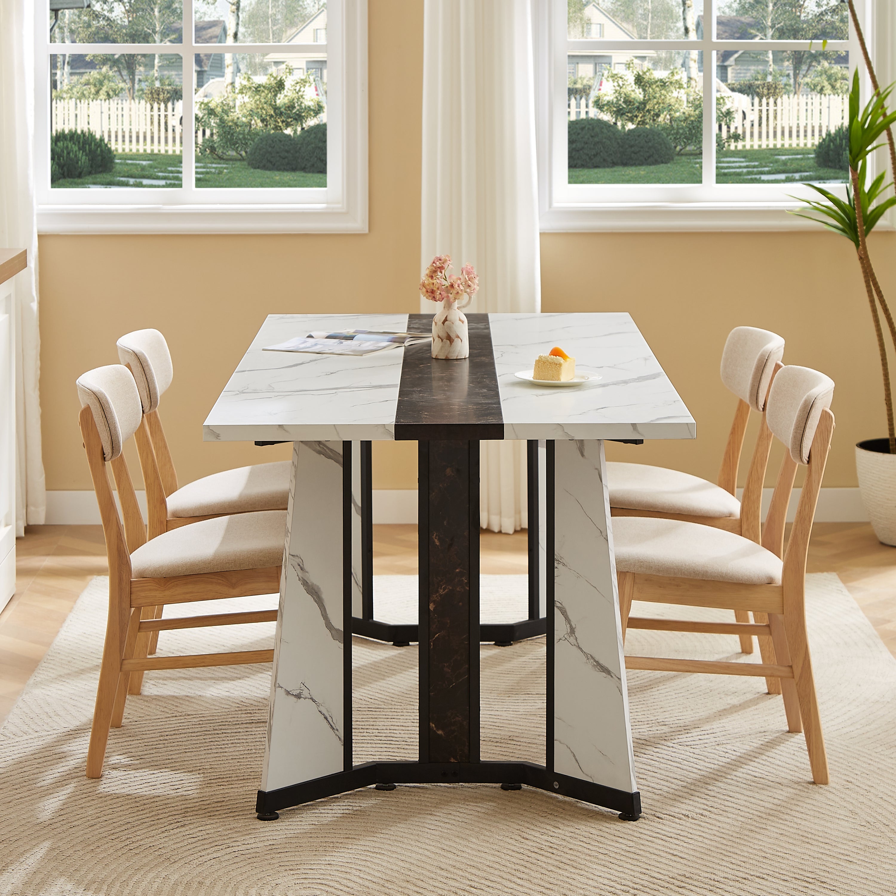 70.9'Rectangular Large Dining Table, Marble Grain Waterproof Large Desk for 8 People, Deluxe Family Dining Table with Adjustable Legs for Kitchen,Living Room,Office, White,70.9''W x 35.4''D x 30.3''H