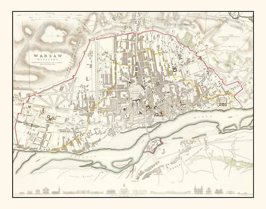 Vintage Map of Warsaw, Poland 1831