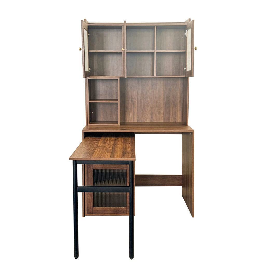 Computer Desk with glass door for Home Office or Study desk,  Bookshelf & Hutch, Computer Desk with 90 Degree Rotating Desktop,Large Working Space