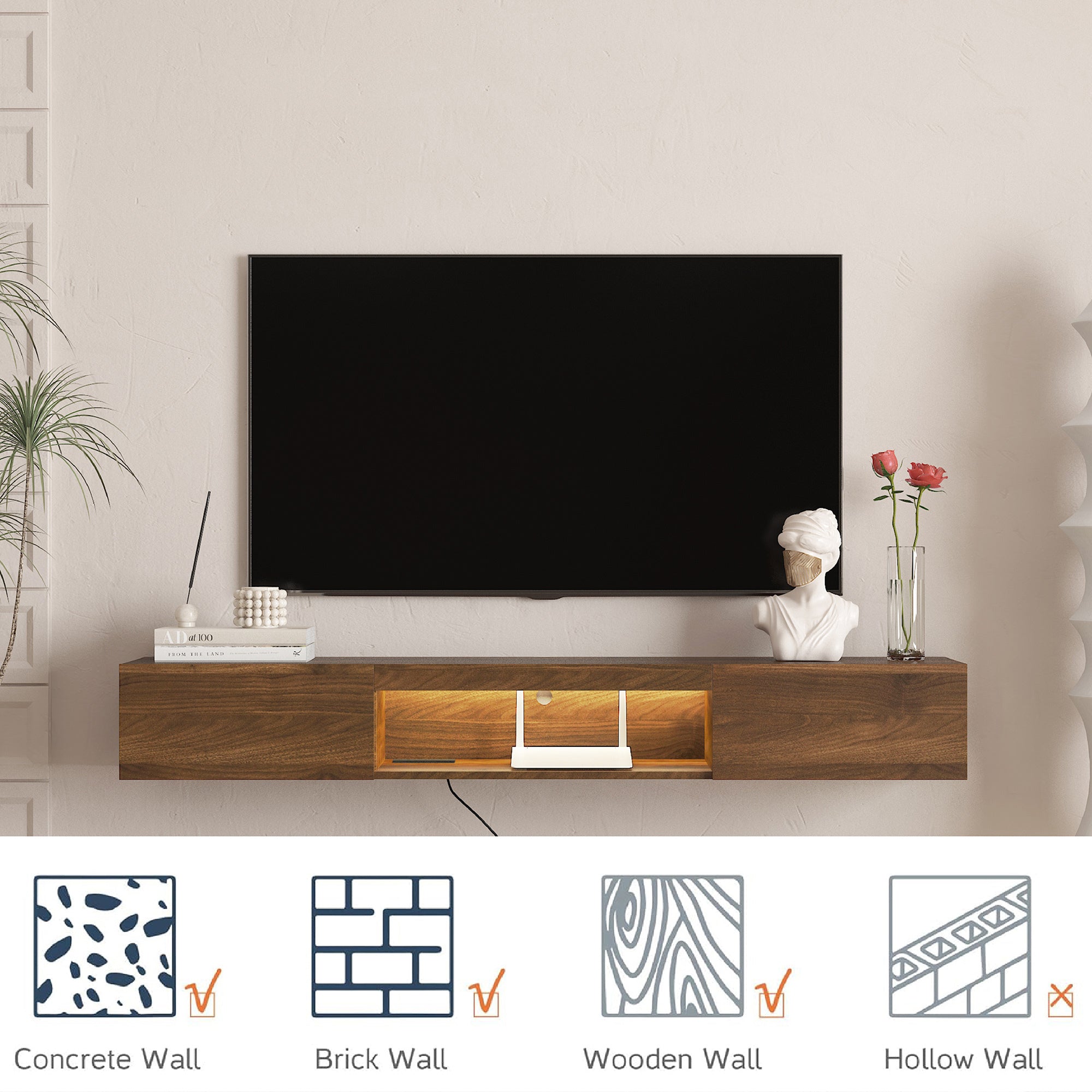 Floating TV Stand Wall Mounted with 16 Color LEDs,63' Modern TV Stand,Floating TV Cabinet Entertainment Center for 55 60 65 Inch TV