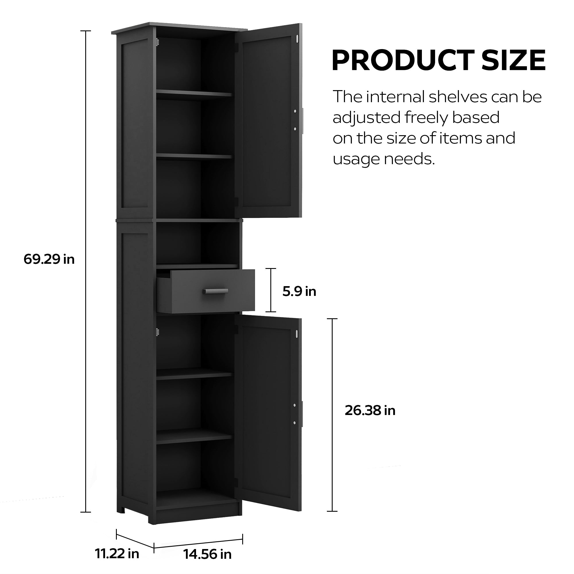 69' H Tall Bathroom Storage Cabinet with 2 Barn Doors and 1 Drawer, Narrow Storage Unit, Adjustable Shelves,Floor Cabinet for Bathroom, Living Room, Entryway,Kitchen,(Black)