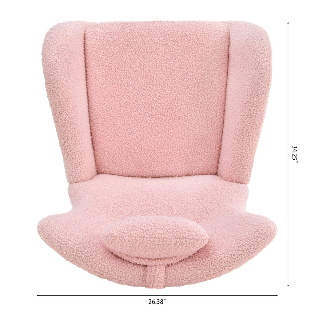 Rocking Chair Nursery, Teddy Upholstered Rocker Glider Chair with High Backrest, Adjustable Headrest & Pocket, Comfy Glider Chair for Nursery, Bedroom, Living Room, Offices, Rubber wood, pink