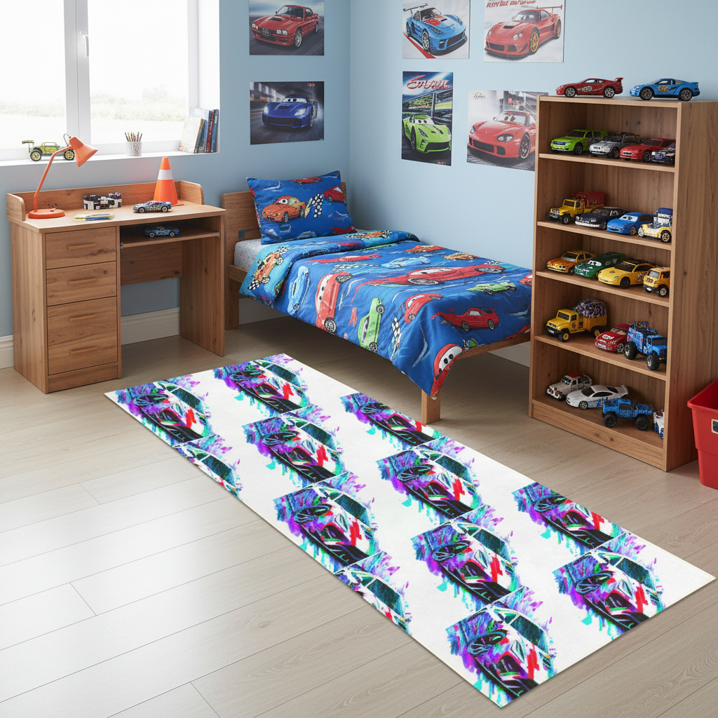 Fast Sports Car Washable Faux Microfiber Runner Rug 60" x 22" | Ship From USA