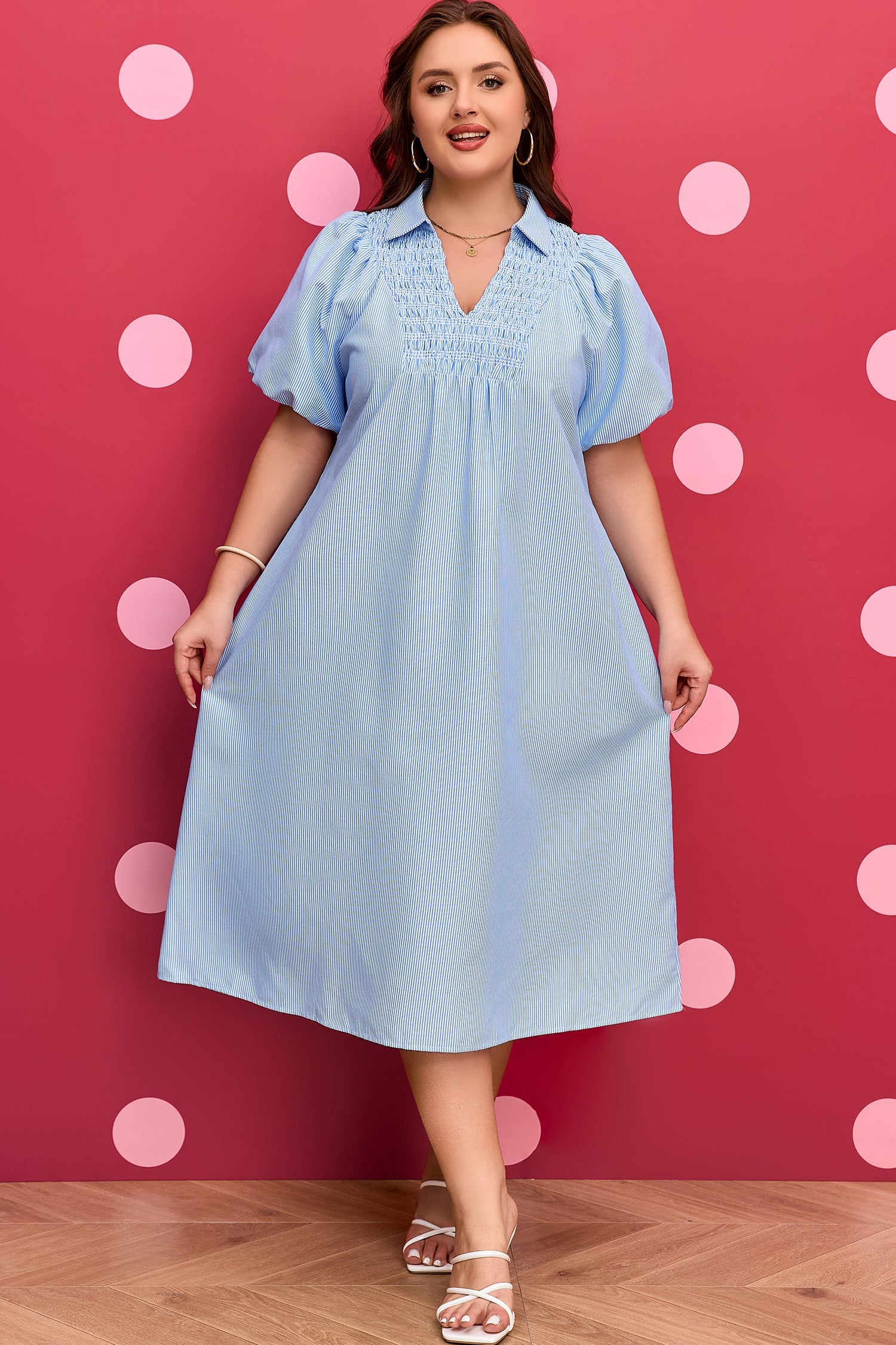 Plus Size Stripe Shirred Collared V-Neck Midi Dress