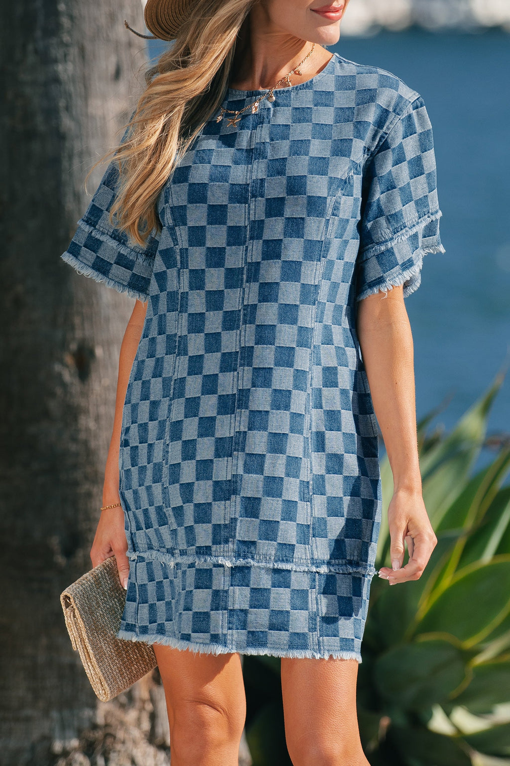Checker Denim Frayed Hem Mini Dress