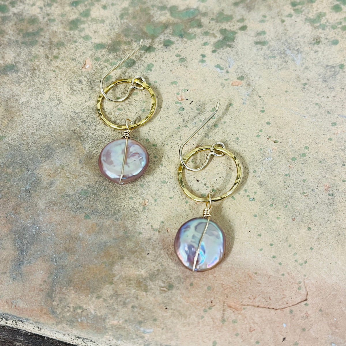 14k gold filled or sterling silver LAVENDER ORCHID COIN PEARL EARRINGS