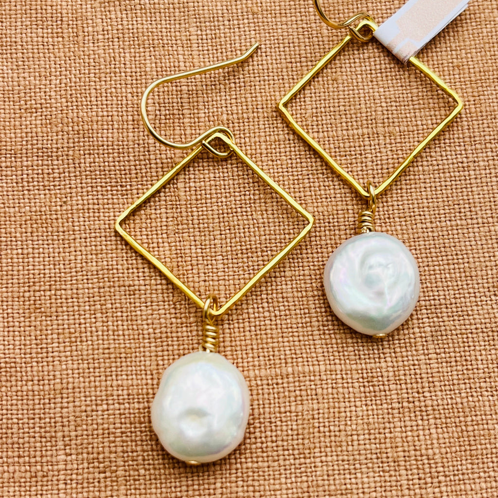 14k gold filled DIAMOND DANGLE COIN PEARL DIAMOND EARRINGS