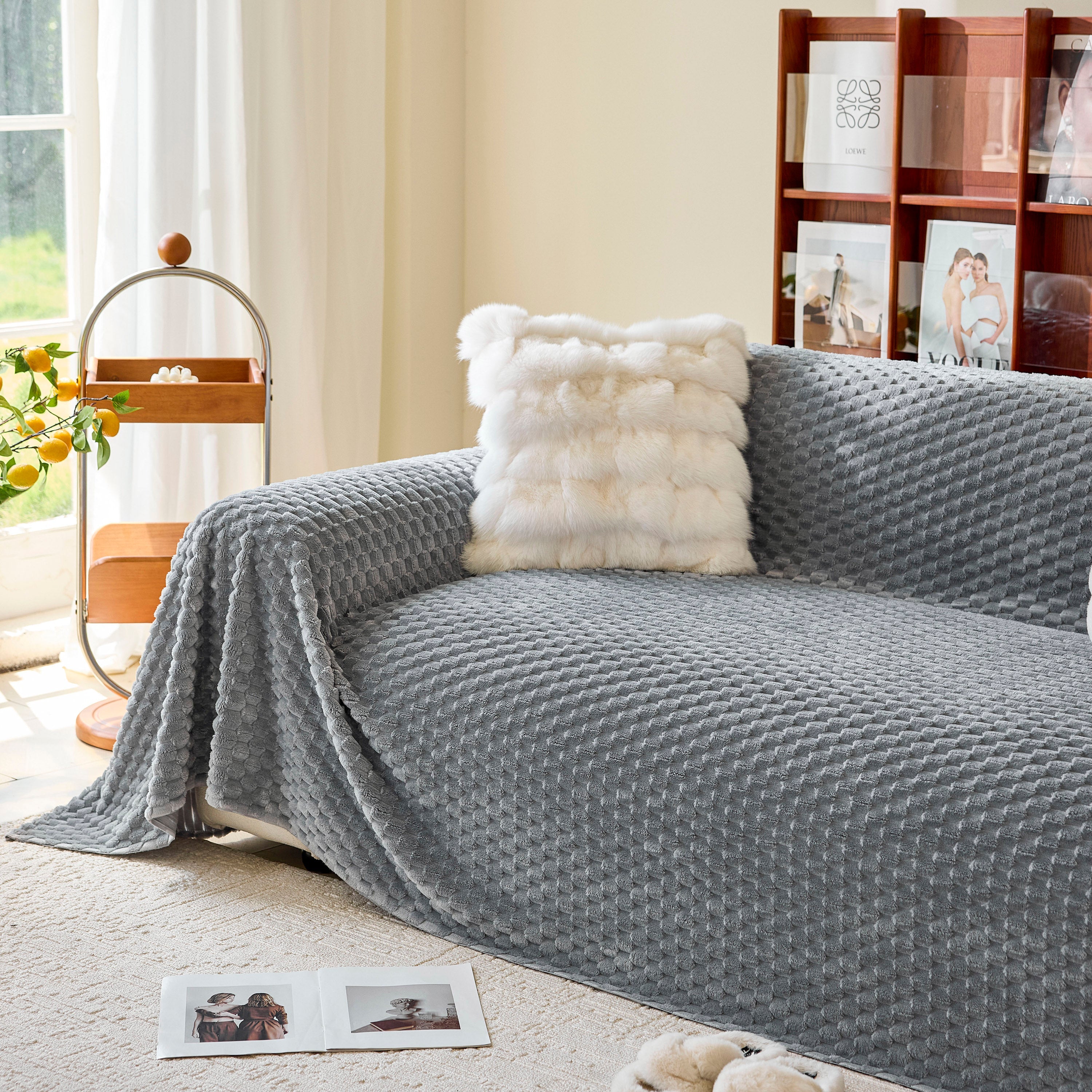 Thick Plush Non-Slip Sofa Throw Cover, Warm Soft Faux Fur Couch Protector for Winter