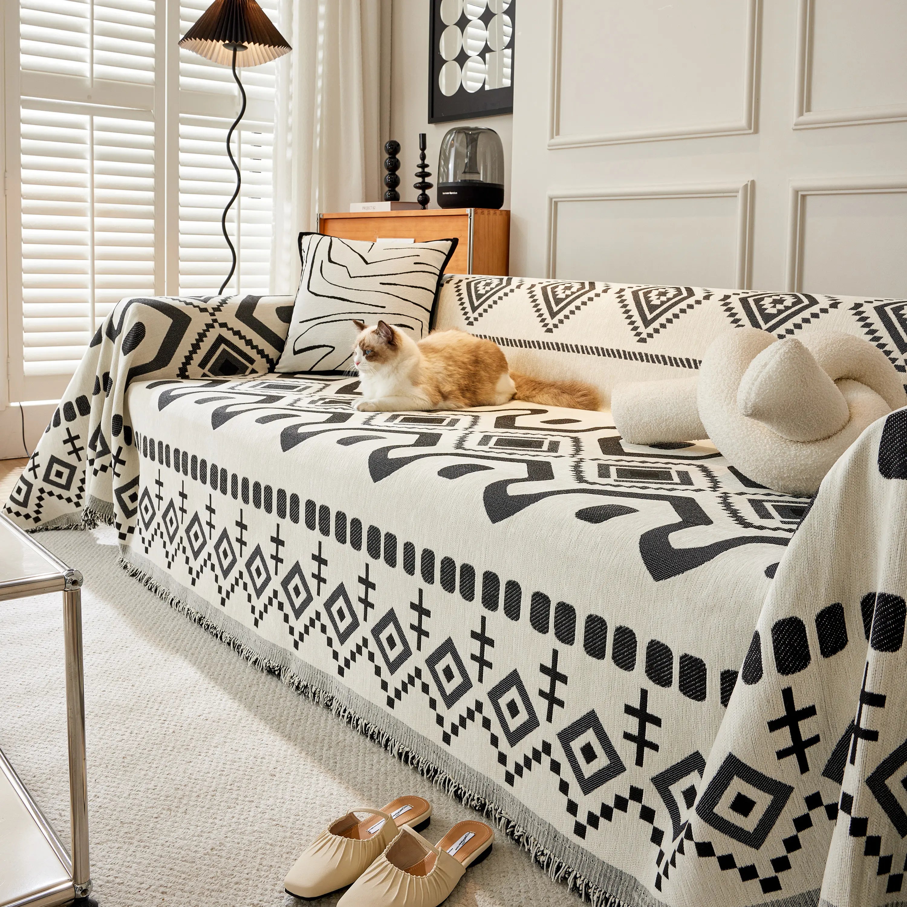 Boho Geometric Chenille Throw Sofa Cover Soft Textured Decorative Couch Blanket