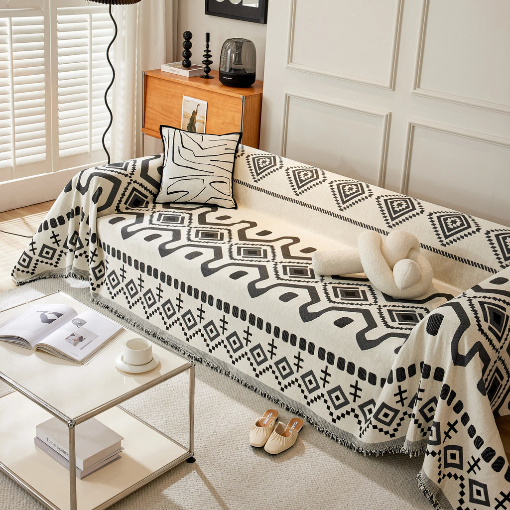 Boho Geometric Chenille Throw Sofa Cover Soft Textured Decorative Couch Blanket