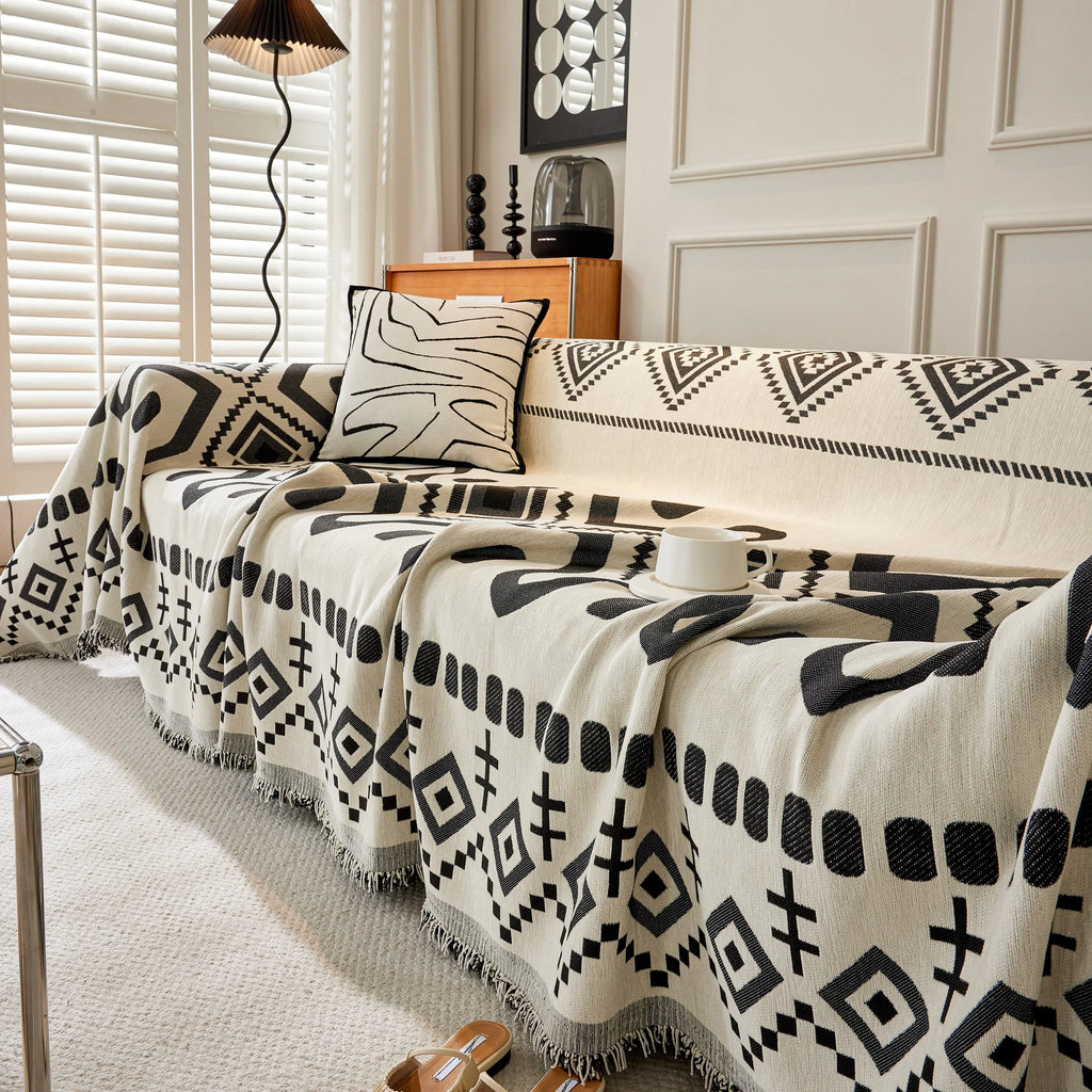 Boho Geometric Chenille Throw Sofa Cover Soft Textured Decorative Couch Blanket
