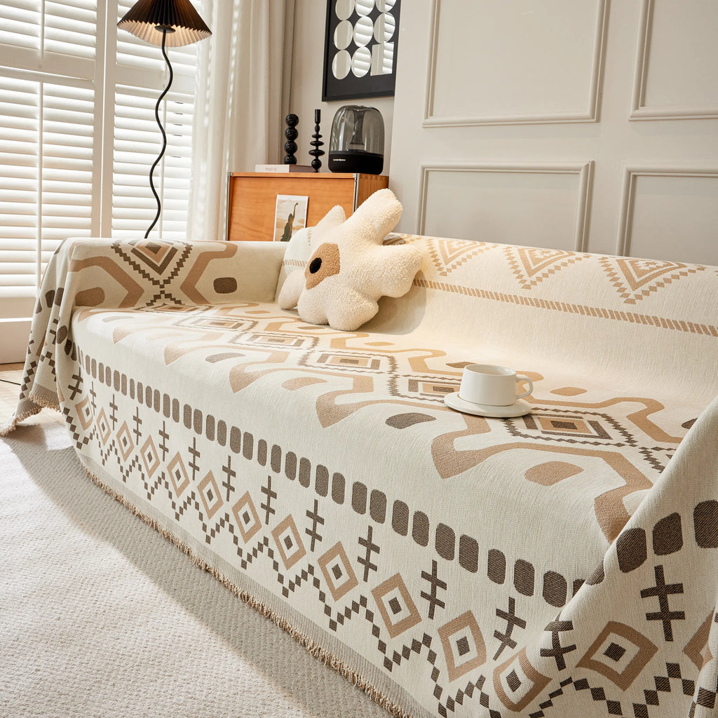 Boho Geometric Chenille Throw Sofa Cover Soft Textured Decorative Couch Blanket