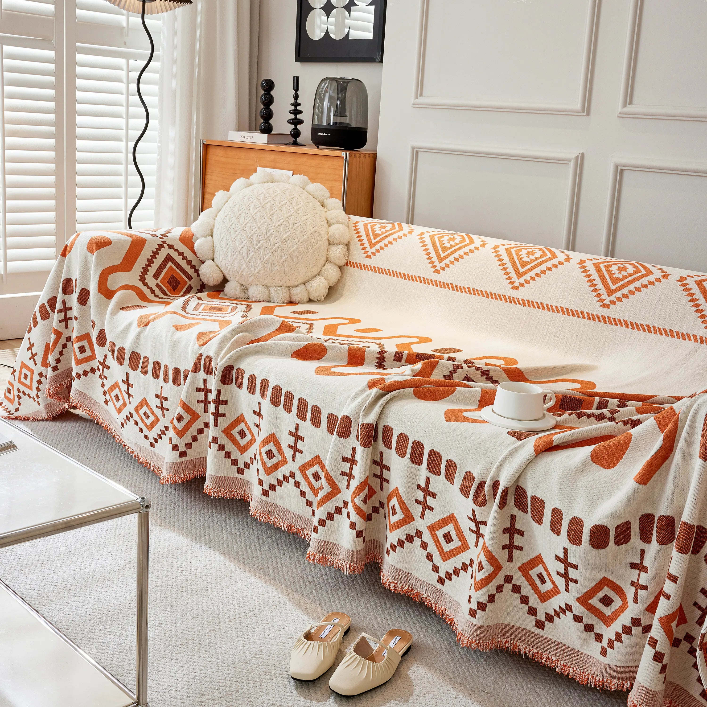 Boho Geometric Chenille Throw Sofa Cover Soft Textured Decorative Couch Blanket