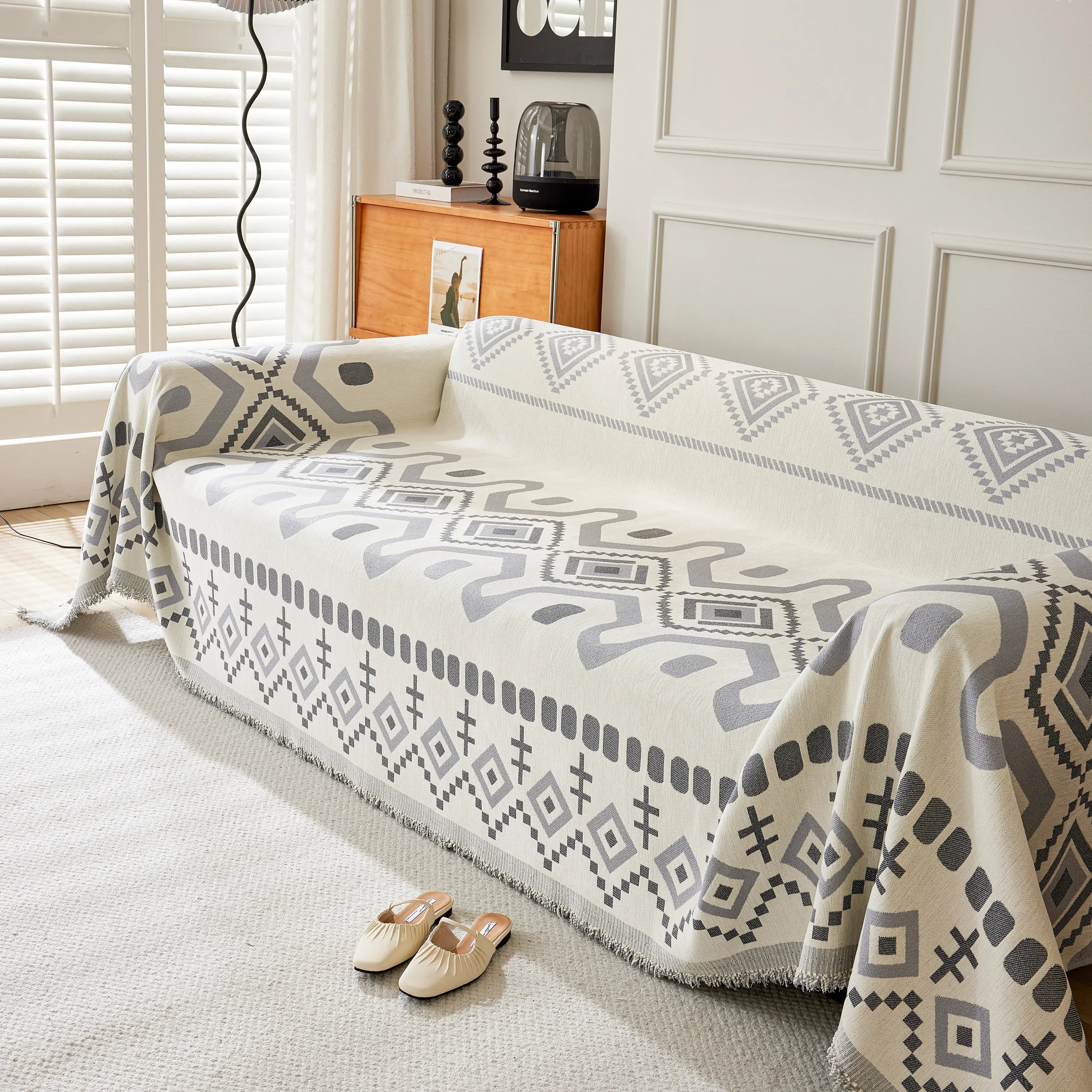 Boho Geometric Chenille Throw Sofa Cover Soft Textured Decorative Couch Blanket