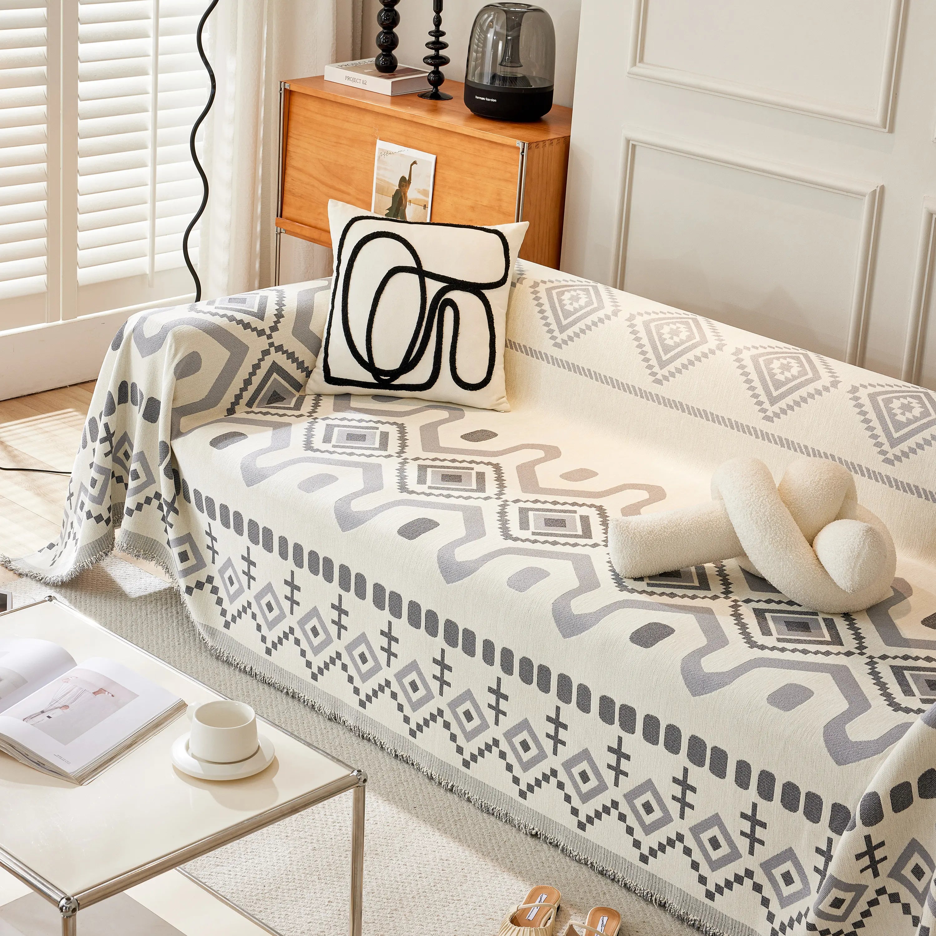 Boho Geometric Chenille Throw Sofa Cover Soft Textured Decorative Couch Blanket