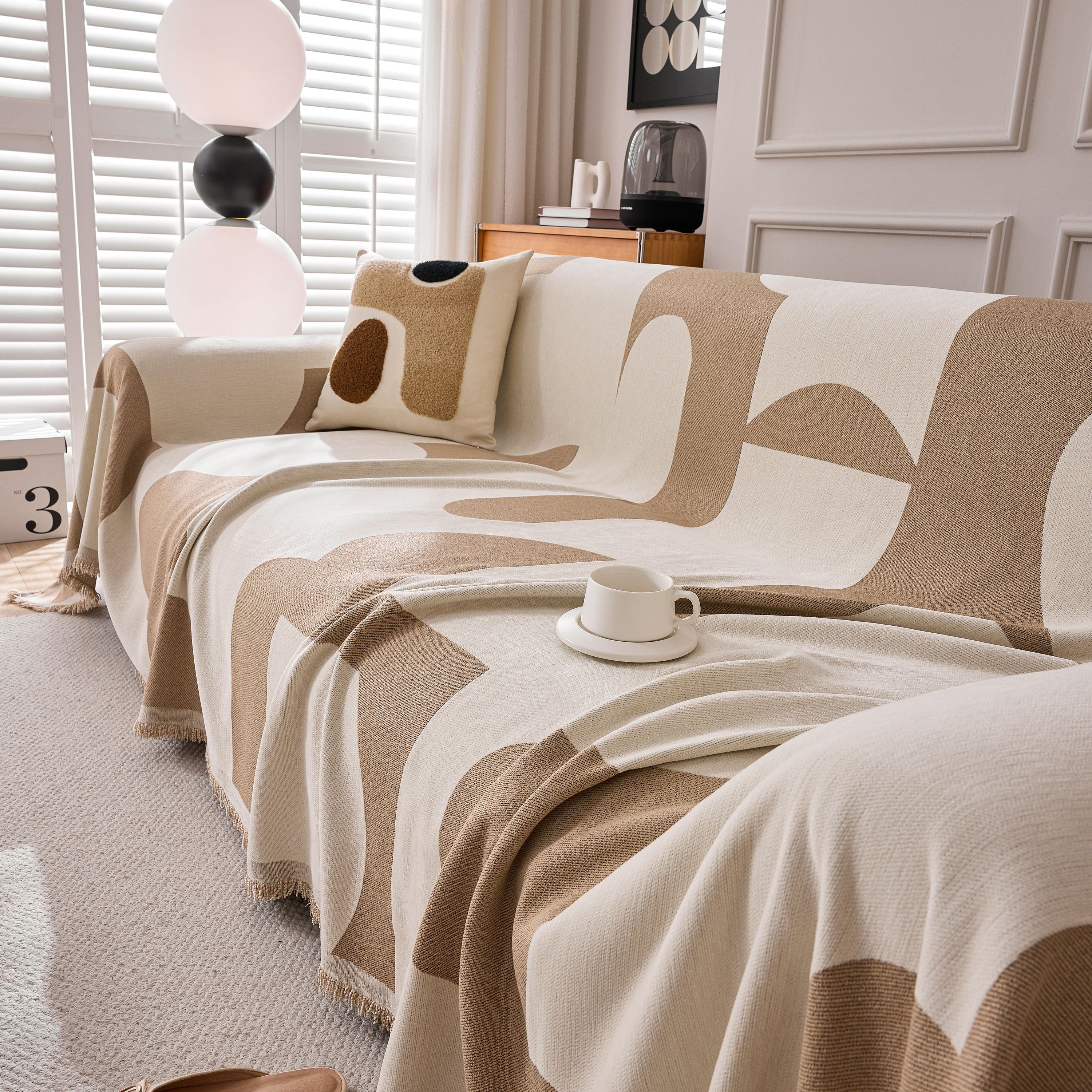 Modern Abstract Chenille Sofa Cover, Large Soft Throw Blanket with Tassels for Couch