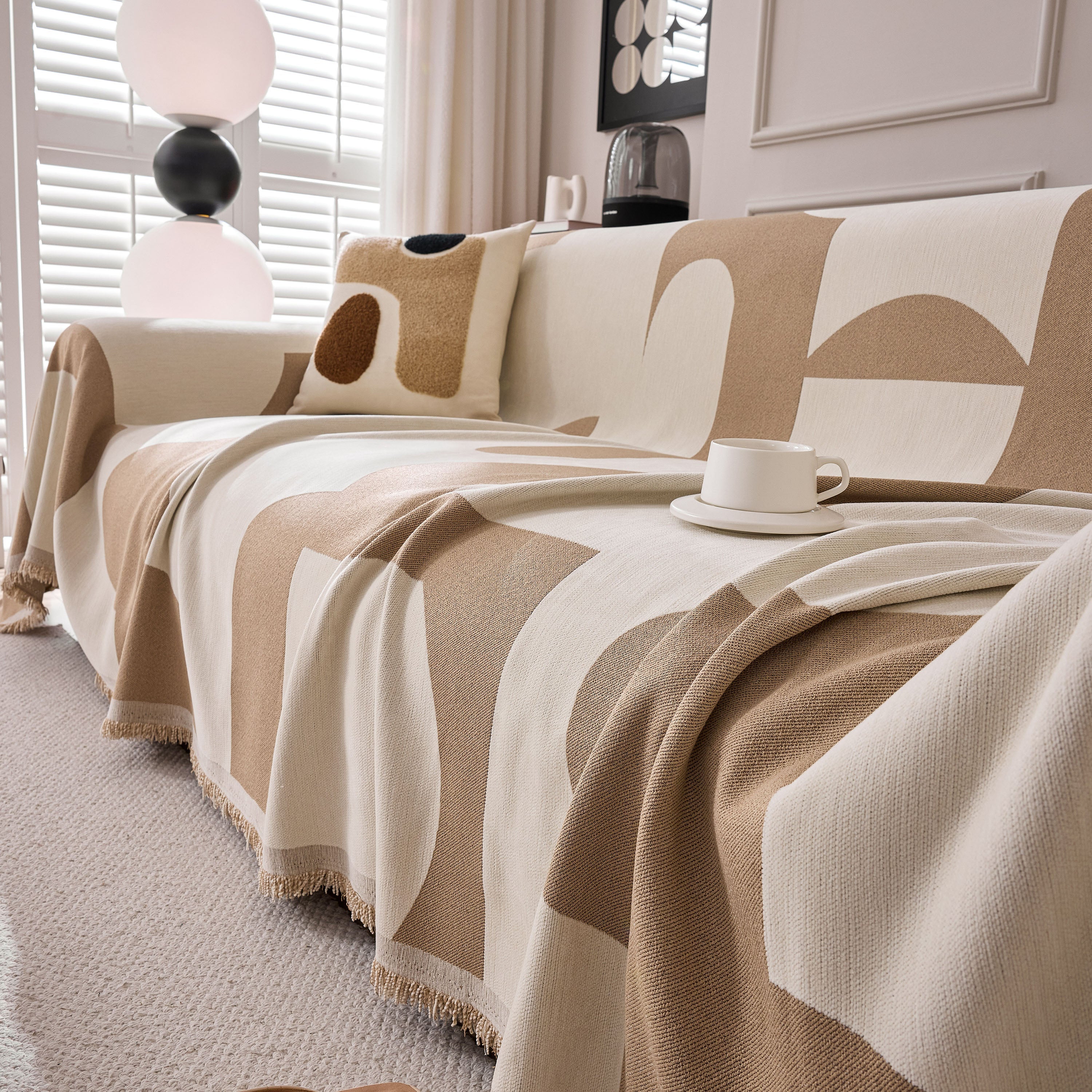 Modern Abstract Chenille Sofa Cover, Large Soft Throw Blanket with Tassels for Couch